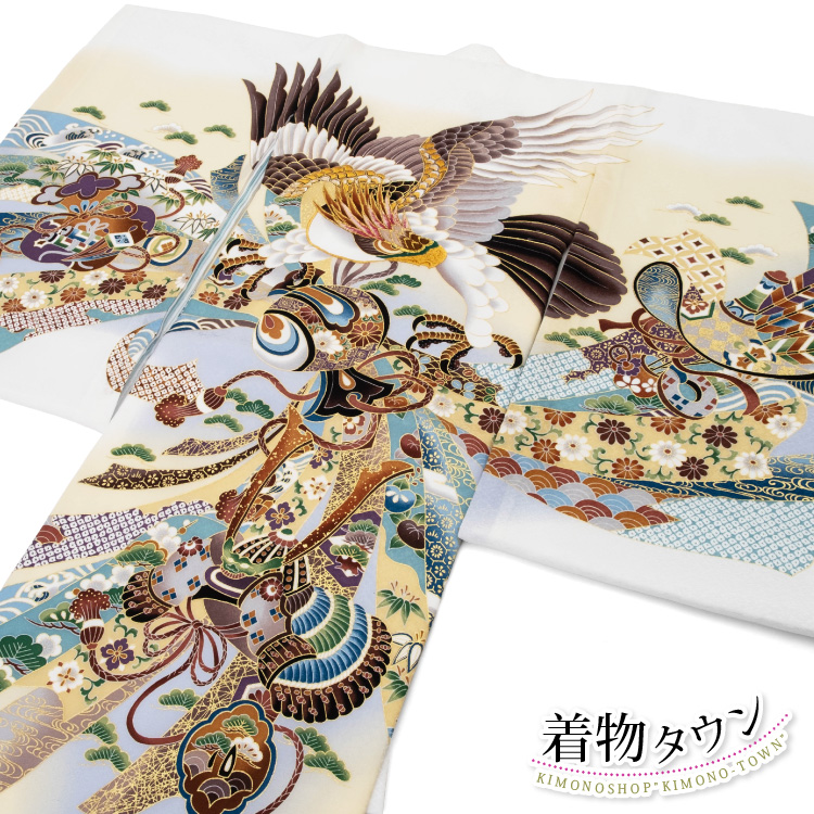 お宮参り 着物 男の子 初着 産着 正絹 鷹 束ね熨斗 刺繍 白 ホワイト