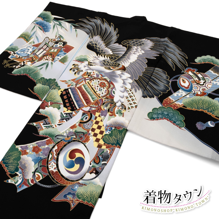 お宮参り 着物 男の子 初着 産着 正絹 黒 男児 祝着 鷹 松 掛け着 販売 購入 通販 のしめ
