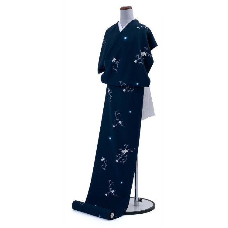 東レ シルジェリー 反物 洗える着物 小紋 濃紺 ネイビー 花柄 単品 お