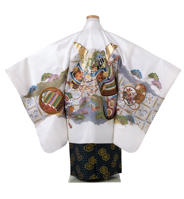 七五三 着物 男の子 五歳 正絹 13点フルセット 羽織袴セット 白 ホワイト 兜 龍 鼓 松 刺繍入り 松 753 五才 5歳 5才 子供 男児 販売 購入 送料無料_2