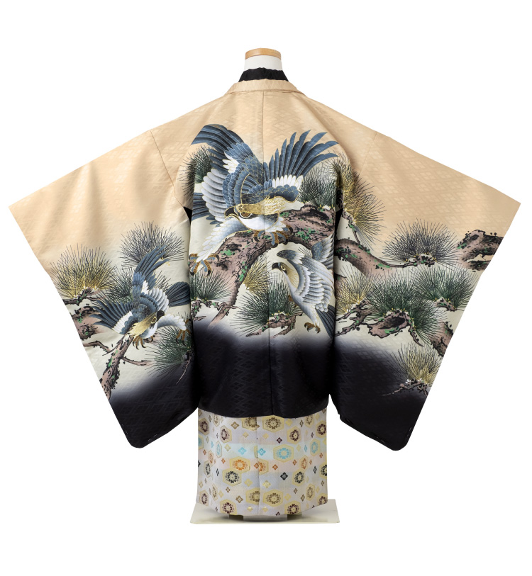 お買い得品♡七五三　5歳　男の子　セット　一式　鷹　黒系 七五三 着物 男の子 5歳 羽織袴セット「黒 鷹に松」フルセット 5