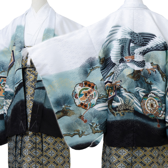 七五三 着物 男の子 五歳 13点フルセット 長門 鷹 鏡 白 羽織袴セット