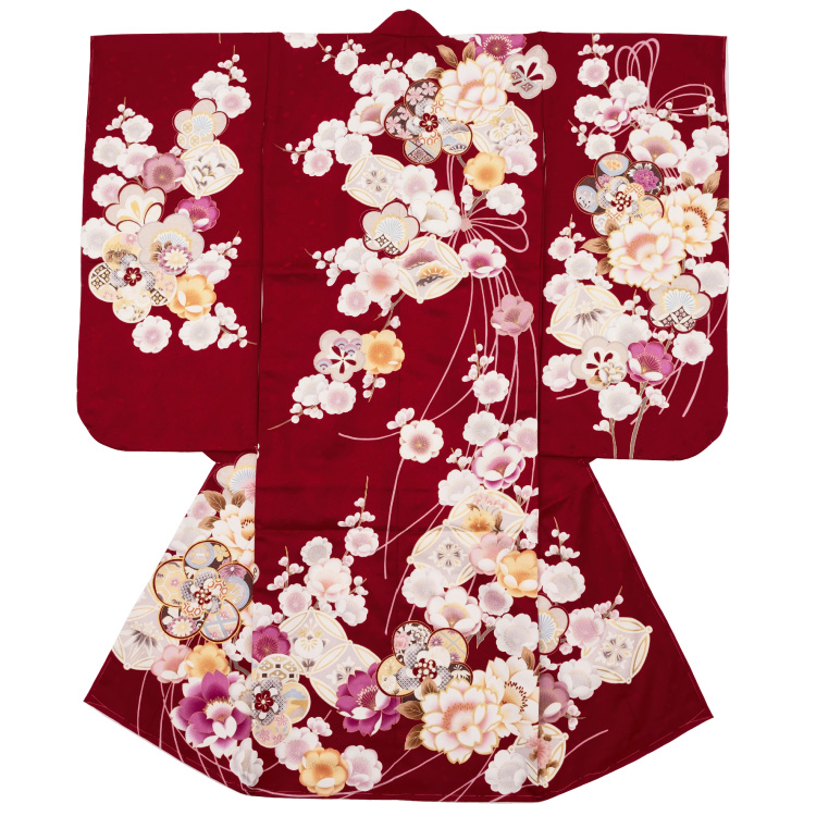 七五三 着物 7歳 フルセット 四つ身 購入 赤 レッド 刺繍 牡丹 花柄 桜