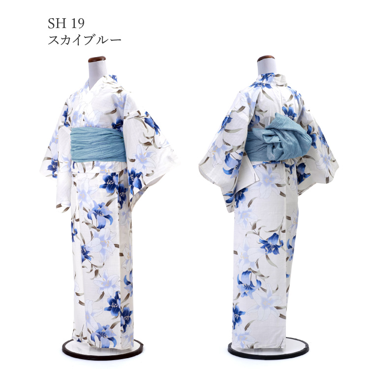 浴衣 ゆかた帯のセット販売白地にブルー 百合 ゆり 花柄 Lサイズ 浴衣