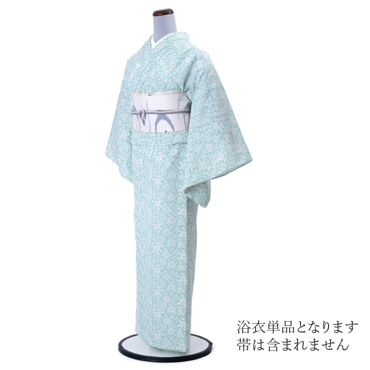 浴衣 レディース セオアルファ 女性用 紙人形 東レ セオα ミントグリーン 夏 夏着物 夏小紋 花柄 ゆかた 仕立て上がり 洗える プレタ 販売 単品 CEOαの画像