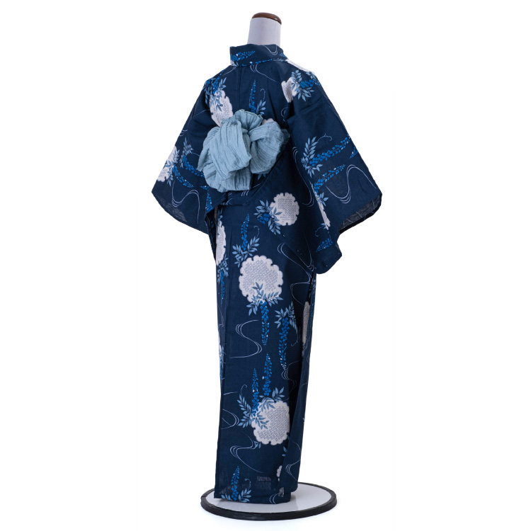 浴衣　綿麻　粋な夏着物　菊柄　紺色　４M 半幅帯　濃紺　紺　2点0806③ 浴衣 レディース 女性用 Scena 紺 ネイビー 綿 麻 夏 夏着物 夏小紋 花