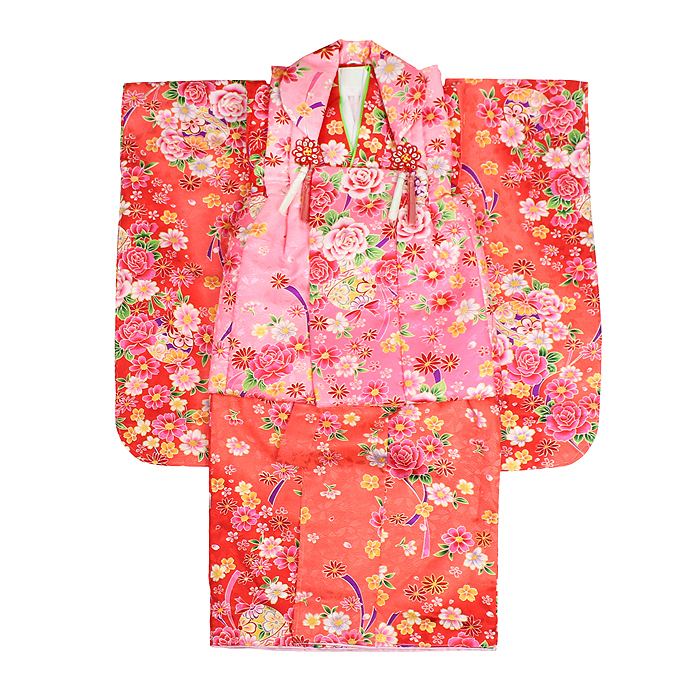 七五三　3歳　着物　女の子　マユミハセガワ　セット　 草履　新品　着物　1回使用 七五三 3歳 女の子 6点セット 着物 被布 草履 小物 赤 ポリエステル
