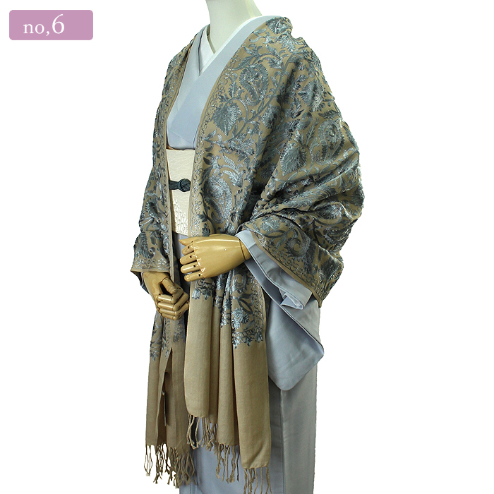 カシミール 刺繍 ショール 着物 洋服 和洋 インド ウール100％ 大判 