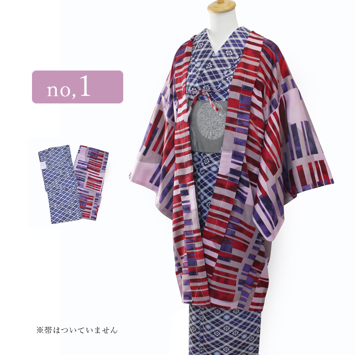 小紋　フルセット　レトロ柄　縮緬　さんび　紫色　洗える着物　お出掛け　Q5 着物セット 小紋着物 長羽織 洗える着物 2点セット カジュアル モダン