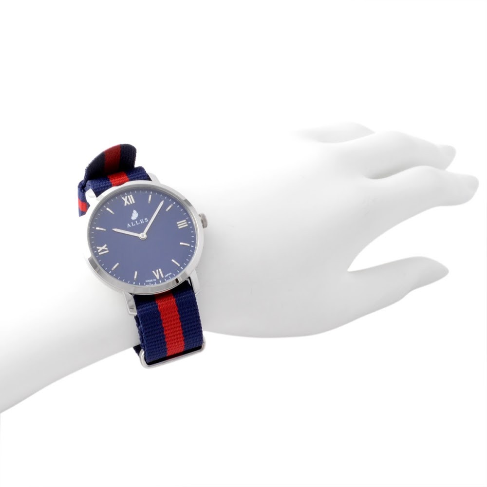 アレス ALLES wbn19a021  【工具不要で取付簡単！】 腕時計用ベルト ナイロン ストライプ（ブルー/レッド） 19mm レバーピン 時計バンド ナイロンストラップ ベルトのみ