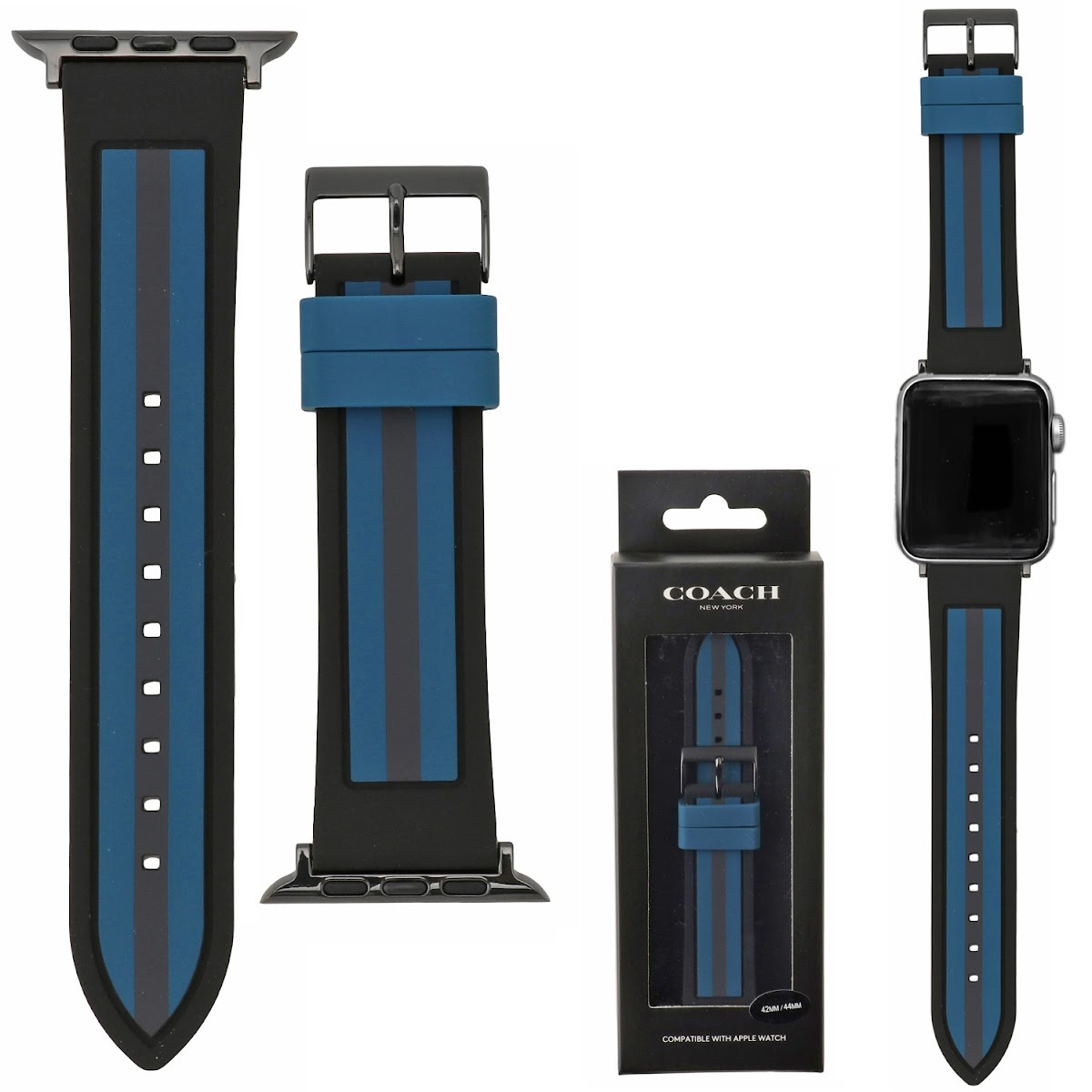 コーチ COACH 14700058  Apple watch strap アップル ウォッチ ストラップ 替えベルト 【42mm/44mm ケース対応 ※ベルトのみ】 ラバー バーシティ ストライプ ストラップ ブラック/ブルー メンズ 交換バンド 付け替えベルト ユニセックス