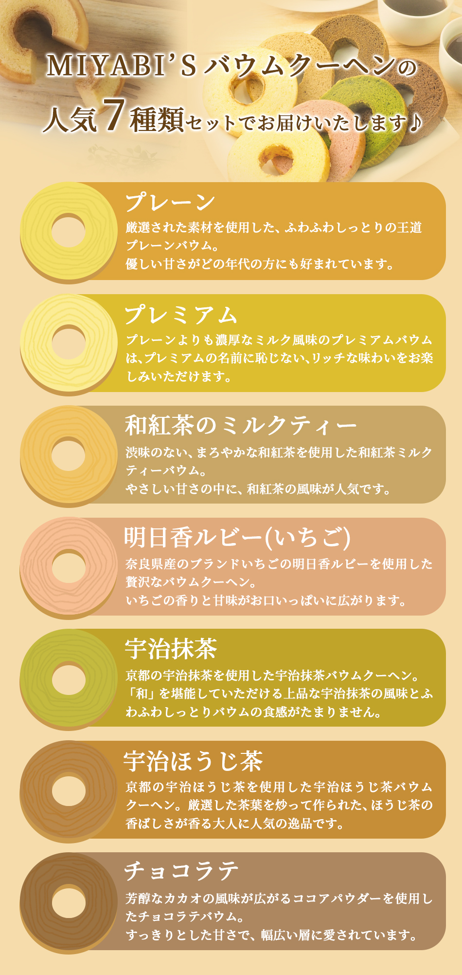 カットバウム、人気の７種類をお届けいたします！定番のプレーンに、濃厚ミルクのプレミアム！渋味のない和紅茶ミルクティー、奈良県産明日香ルビーを使用したいちごバウム、宇治抹茶に宇治ほうじ茶、チョコラテの７種