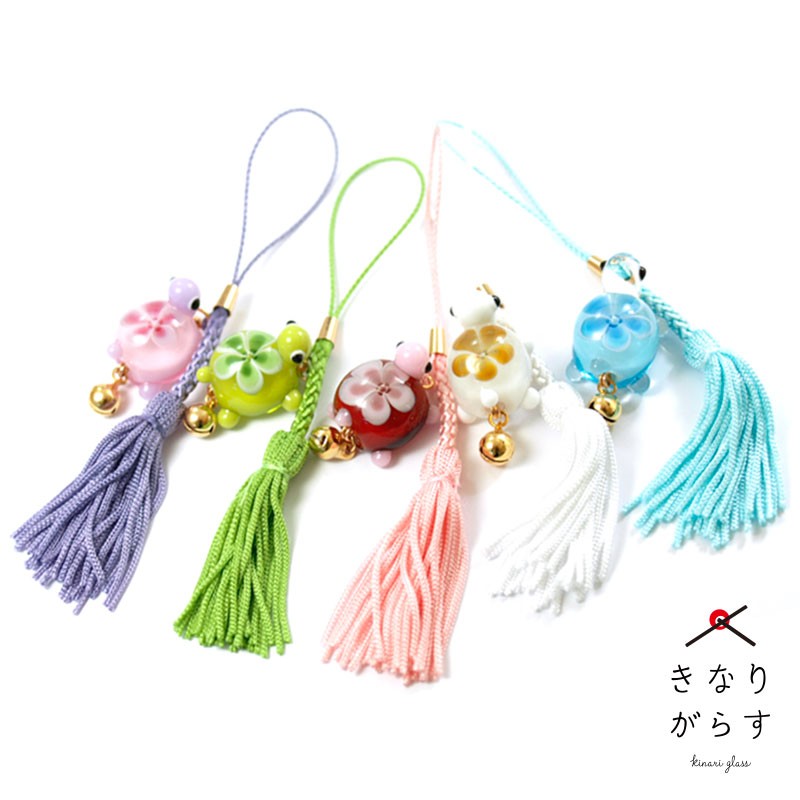 とんぼ玉ストラップ　花咲ガメ 根付 ストラップ