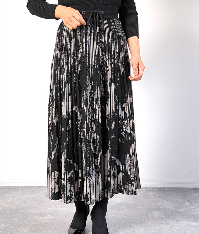 Cawaii French ウエストゴム ジャカード スカート ニット ハイゲージ フリーサイズ ブラック プリーツ ボトム レディース ロング ロング丈 冬 柄 秋 総柄 黒 51 Off レディース