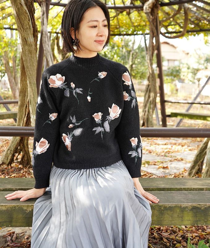 「cawaii french」レディース 売れ筋商品|||トップス セーター ニット 長袖 クルーネック 花柄 植物柄 ブラック ピンク 秋 冬 春　 cawaii french」ニット セーター レディース トップス 長袖
