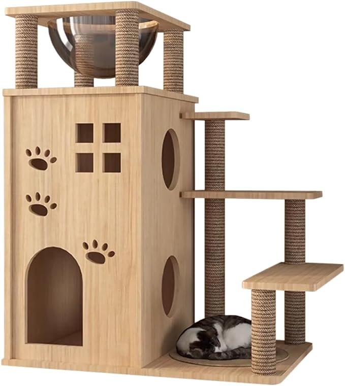 キャットタワー木製猫タワー木製突っ張り大型猫用多頭飼い透明宇宙船天然ゾンチーサイザル麻紐爪とぎキャットツリ見晴台ねこハウス掃除簡単お手入れ簡単_3