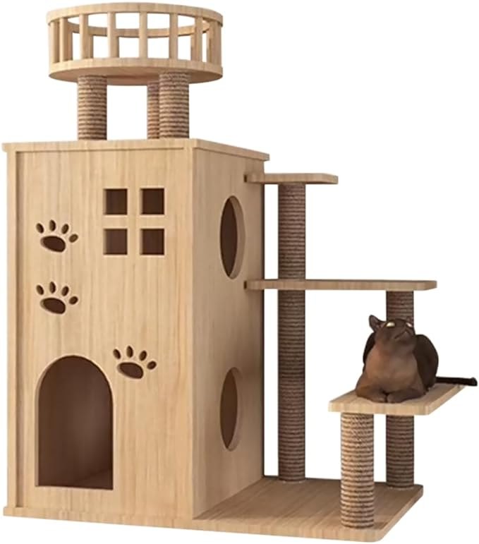 キャットタワー木製猫タワー木製突っ張り大型猫用多頭飼い透明宇宙船天然ゾンチーサイザル麻紐爪とぎキャットツリ見晴台ねこハウス掃除簡単お手入れ簡単_4
