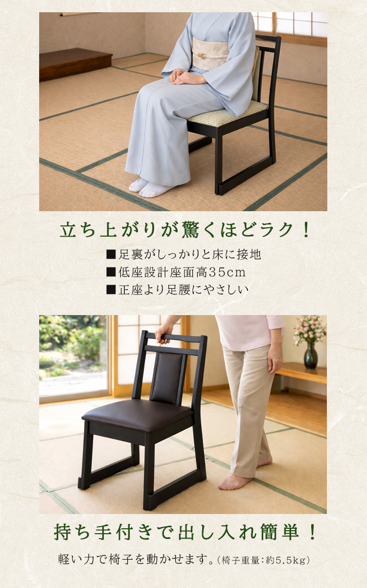 2脚セット ミドルタイプ 持ち手有 お座敷チェア 和室用椅子 畳用椅子 