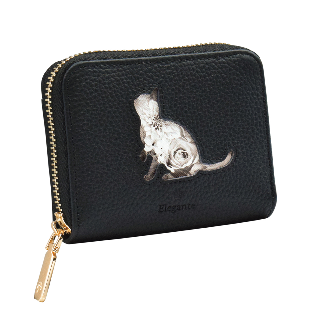 Elegante 公式 財布 レディース 猫 ねこ 本革 二つ折り ミニ財布
