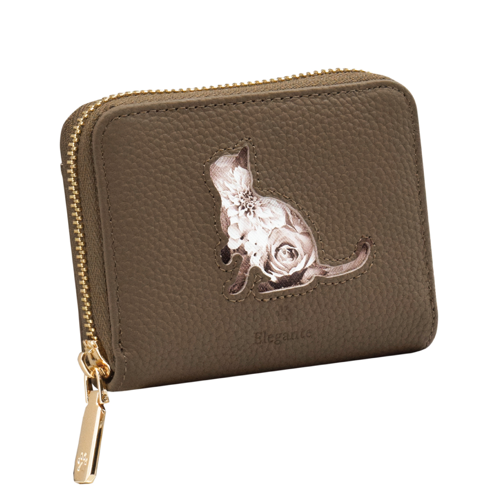 Elegante 公式 財布 レディース 猫 ねこ 本革 二つ折り ミニ財布