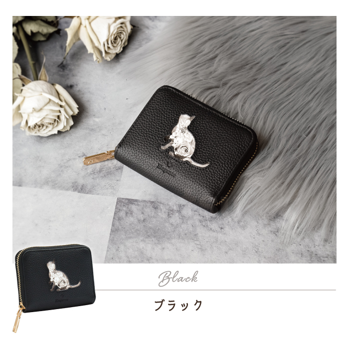 Elegante 公式 財布 レディース 猫 ねこ 本革 二つ折り ミニ財布