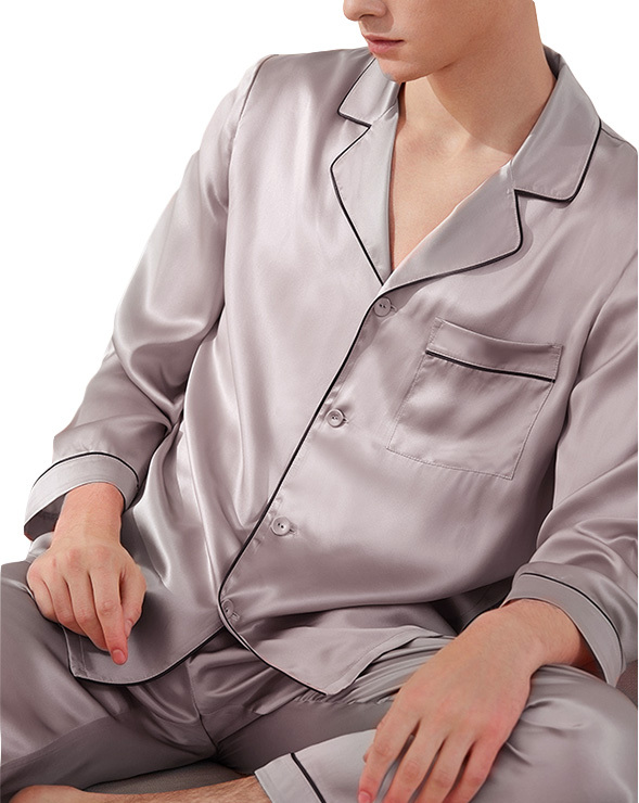 新入荷 シルク100％ パジャマ メンズ シルクパジャマ 19匁 サテン 配色パイピング バイカラー 長袖 無地 紳士 安眠 ナイトウェア  ルームウェア 3色 L/XL/XXL
