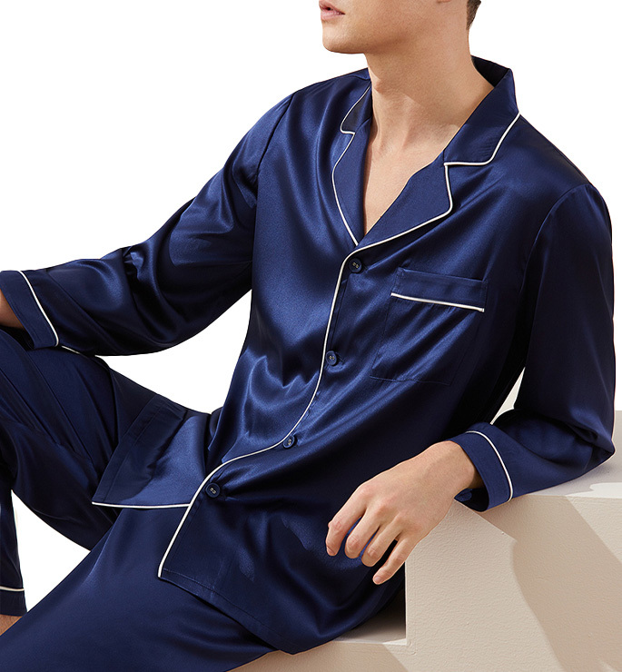 シルク100％ パジャマ メンズ シルクパジャマ 19匁 サテン 配色パイピング バイカラー 長袖 無地 紳士 安眠 ナイトウェア ルームウェア 3色  L/XL/XXL