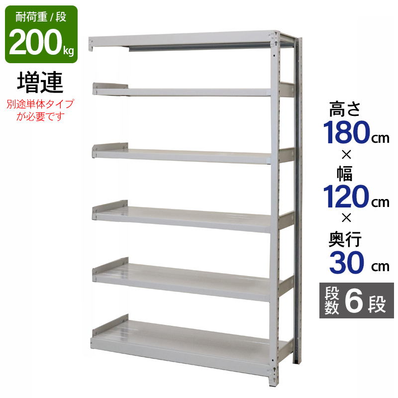 スチールラック 業務用 高さ180 幅120 奥行30 天地 6段 増連 日本製 アサカ 倉庫 軽中量 ATS型 耐荷重 200kg/段 スチール棚 収納ラック ATS64306C