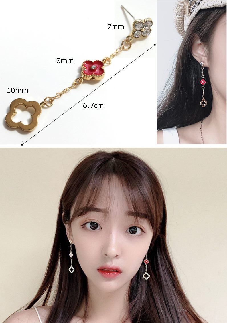 ピアス イヤリング 四葉クローバー レッド ライトピンク パヴェ