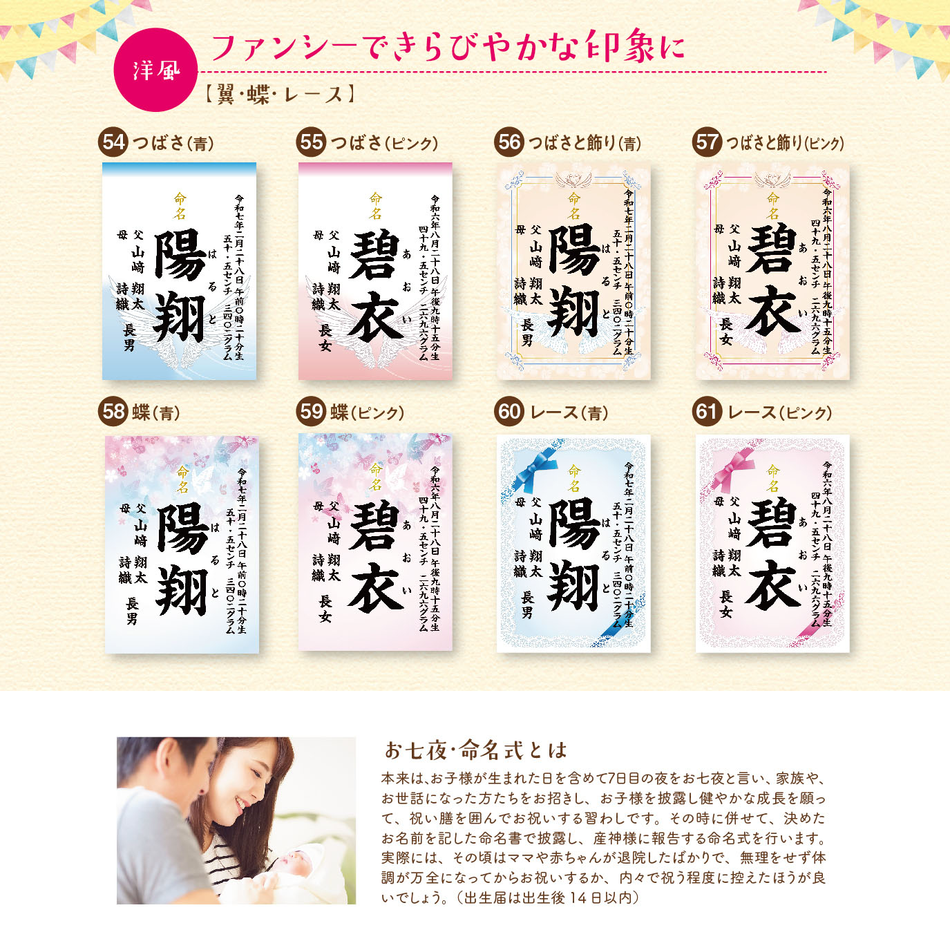 命名書お七夜とはこれからの健やかな成長を願って行うお祝い。赤ちゃんにとってははじめてのお祝い行事となりとなります。