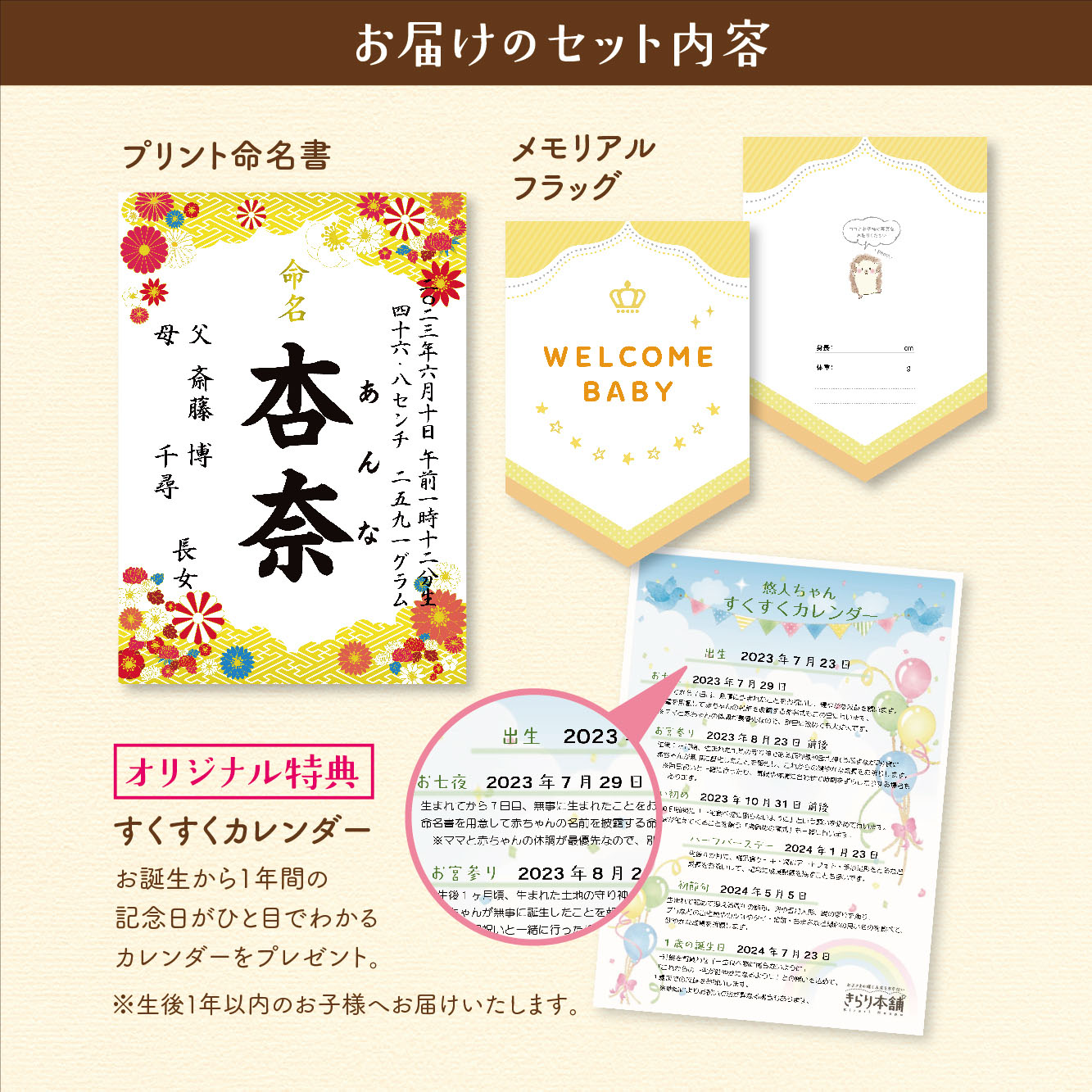 命名書お七夜とはこれからの健やかな成長を願って行うお祝い。赤ちゃんにとってははじめてのお祝い行事となりとなります。