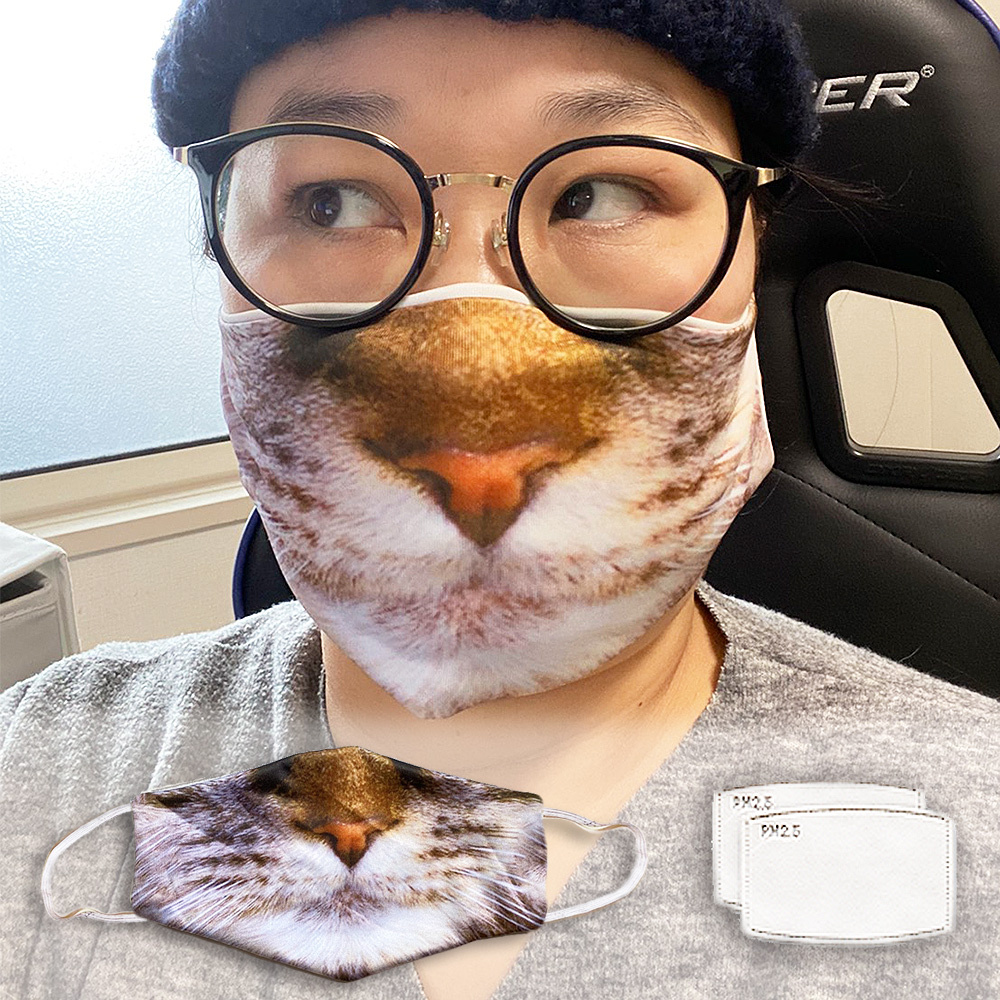 猫柄 リアル動物 猫3Dプリント マスク 不敷布フィルター2個付 やわらか
