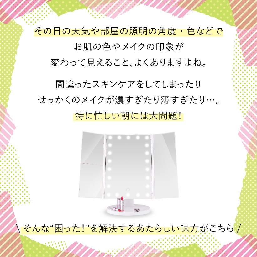 ライト付き卓上女優ミラー,ライト付き女優ミラー,女優ライト,卓上女優ミラー,メイクミラー,拡大鏡付き,LED,三面鏡,折りたたみ,折り畳み,化粧鏡,拡大鏡付き,明るさ調整,belulu