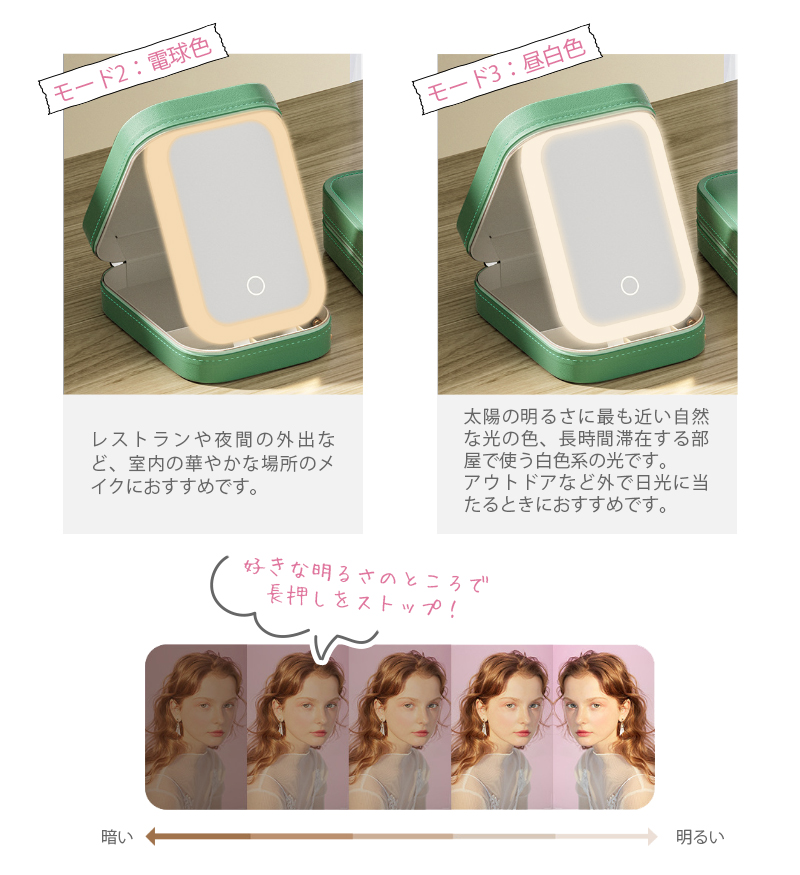 女優ミラー 化粧鏡 卓上 充電式【鏡付き 化粧ポーチ】充電タイプ LED