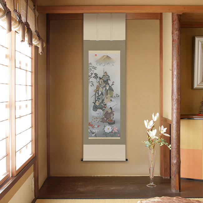 掛軸 十六全図 190×54.5cm(装飾 絵 レトロ 和室 客間 床の間 日本文化 季節 風景 景色 めでたい 図柄 情景 動物 生き物)