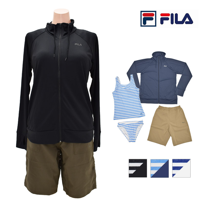 送料無料 レディース 水着 セット FILA フィラ 長袖 ラッシュガード 4点 体型カバー タンキニ 上下セット ショートパンツ ボーダー 9M 11L 13L 223707-1