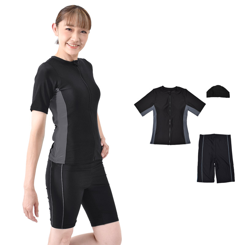 フィットネス水着 レディース 半袖 セパレート セット キャップ