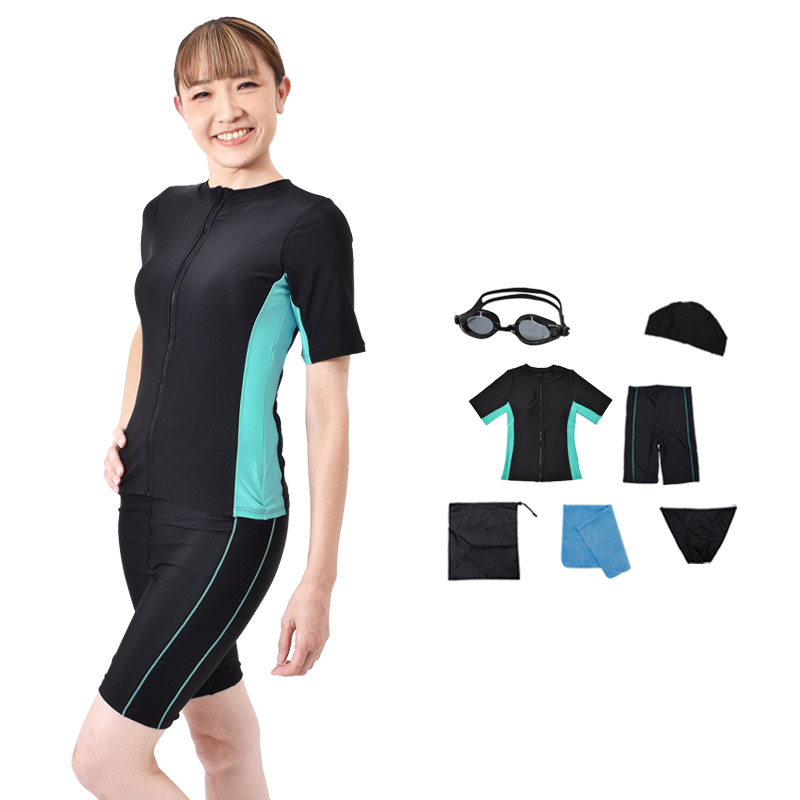 スポーツ用水着 6点セット フィットネス水着 レディース 半袖 セパレート セット キャップ