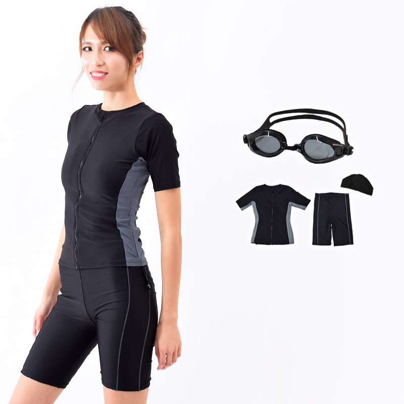 フィットネス水着 レディース 半袖 セパレート セット キャップ