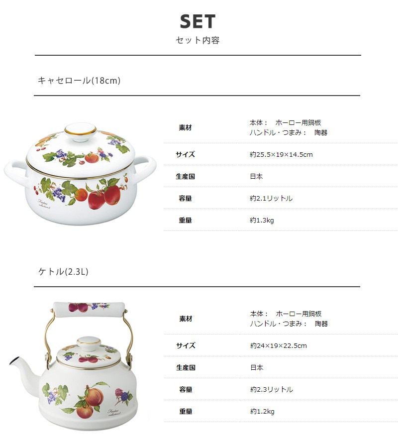 富士ホーロー 公認商品 フルータスコレクション2 3点セット ケトル(2.3