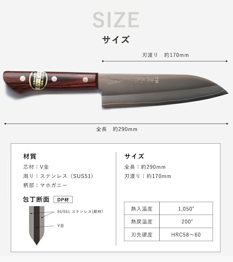 包丁 割込み 三徳包丁 日本製 ステンレス 使いやすい 170mm DPゴールド
