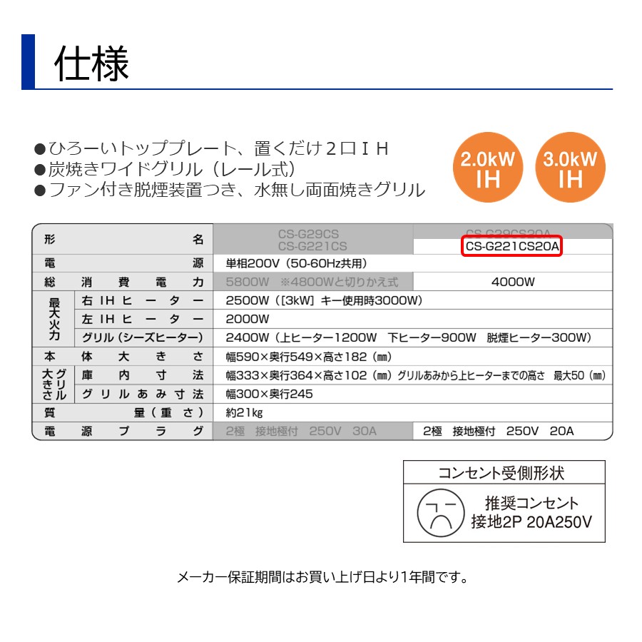 在庫あり) CS-G221CS20A 三菱電機 据置 IHクッキングヒーター 2口IH 幅60cm トップ色：グレイスシルバー 本体正面色：シルバー : CS-G221CS20A:キリン商店 - 通販 - Yahoo!ショッピング