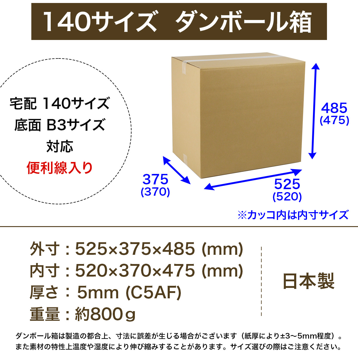 140サイズ 底面B3対応ダンボール箱 サイズ説明