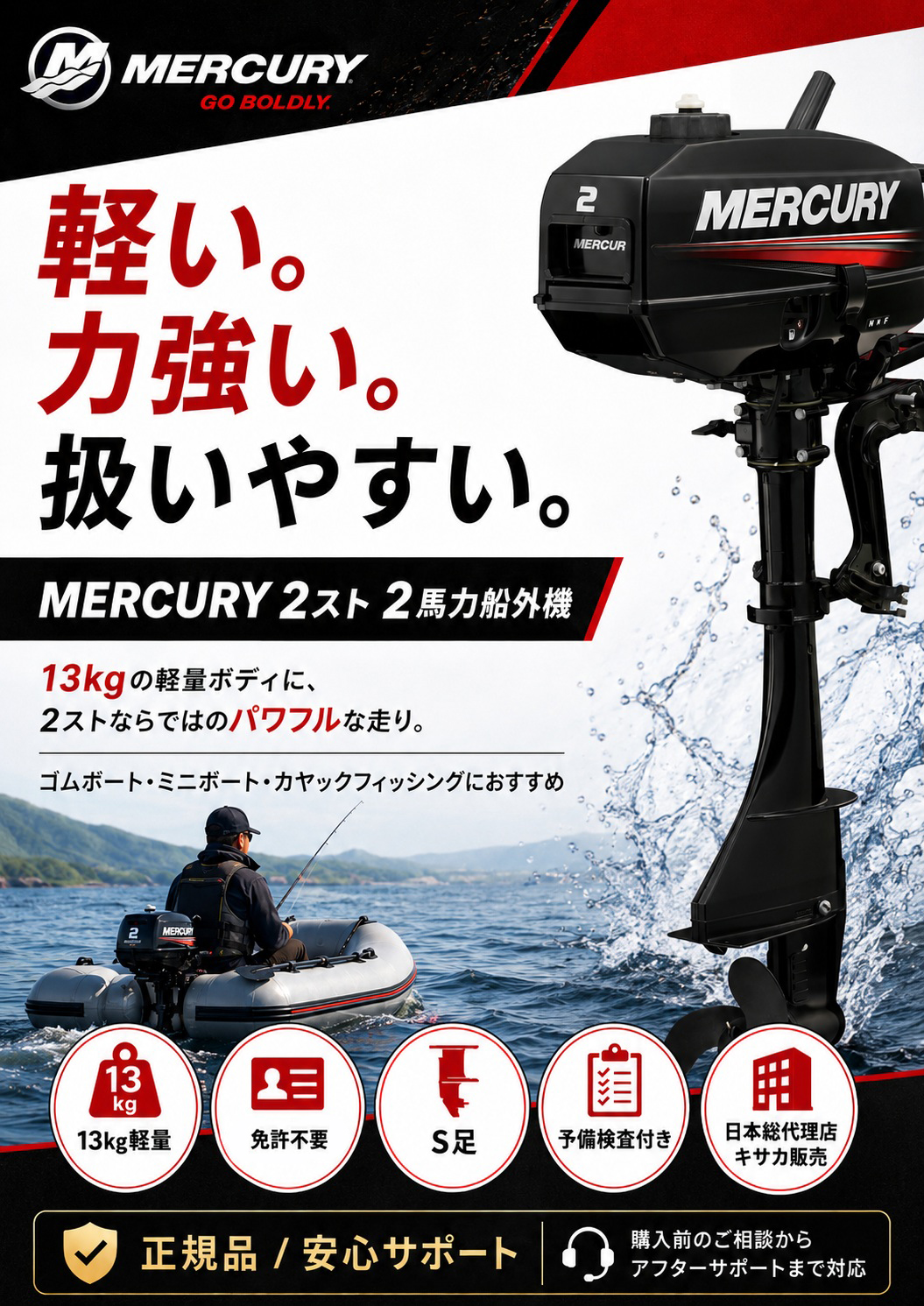 【ワンオフ】HO 和船　漁船　船外機　マーキュリー　モーター付　ストラクチャー Mercury Marine 2馬力船外機 マーキュリー 2ストローク エンジン 免許