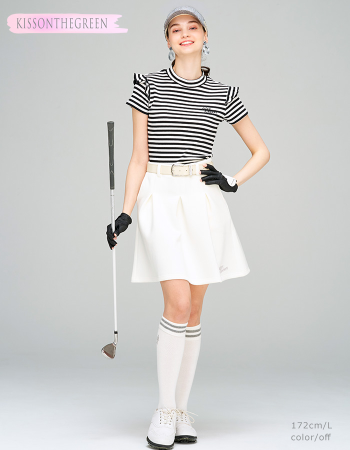 ゴルフウェア レディース スカート 丈長め / タック入りネオプレーンスカート / インナーパンツ付き 裏地付き / ふんわりキュートなシルエット  ゴルフ スカート 上品スカート