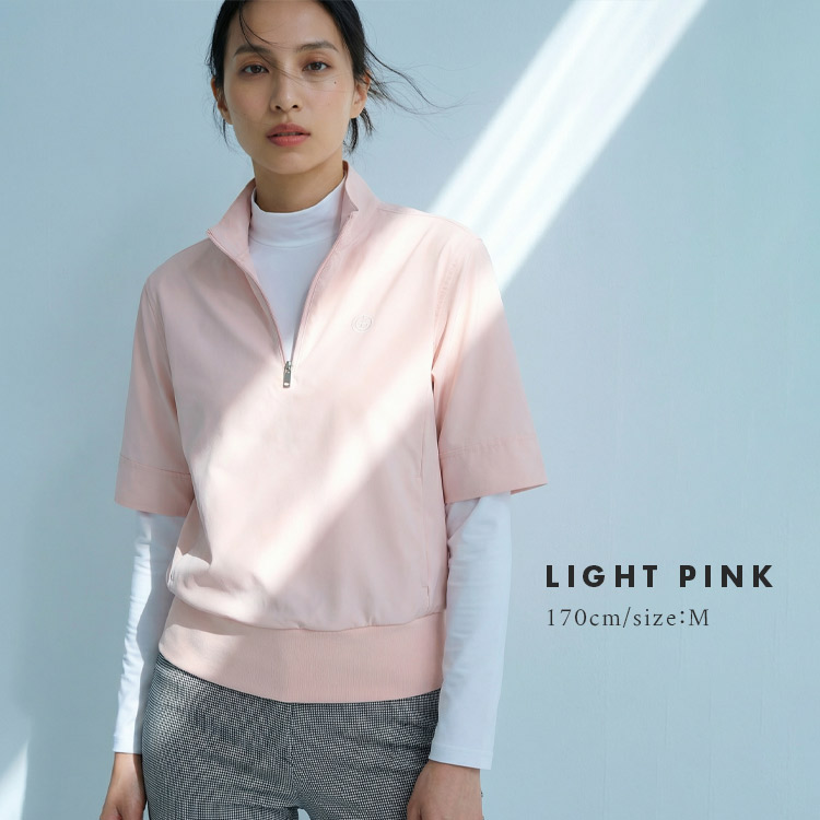 【新作/送料無料】ゴルフウェア レディース ウィンドブレーカー 5分袖 ハーフジップ ハイネック 【S〜3Lサイズ展開】 アウター プルオーバー 防風 伸縮 ナイロン ストレッチ 裾リブ 体系カバー スタイルアップ レイヤード キスオンザグリーン 大きいサイズ 小さいサイズ