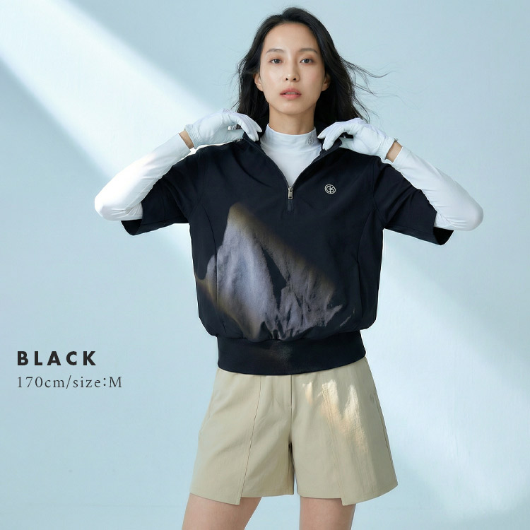 【新作/送料無料】ゴルフウェア レディース ウィンドブレーカー 5分袖 ハーフジップ ハイネック 【S〜3Lサイズ展開】 アウター プルオーバー 防風 伸縮 ナイロン ストレッチ 裾リブ 体系カバー スタイルアップ レイヤード キスオンザグリーン 大きいサイズ 小さいサイズ