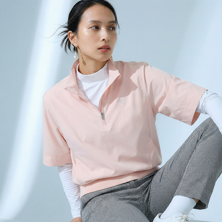 【新作/送料無料】ゴルフウェア レディース ウィンドブレーカー 5分袖 ハーフジップ ハイネック 【S〜3Lサイズ展開】 アウター プルオーバー 防風 伸縮 ナイロン ストレッチ 裾リブ 体系カバー スタイルアップ レイヤード キスオンザグリーン 大きいサイズ 小さいサイズ