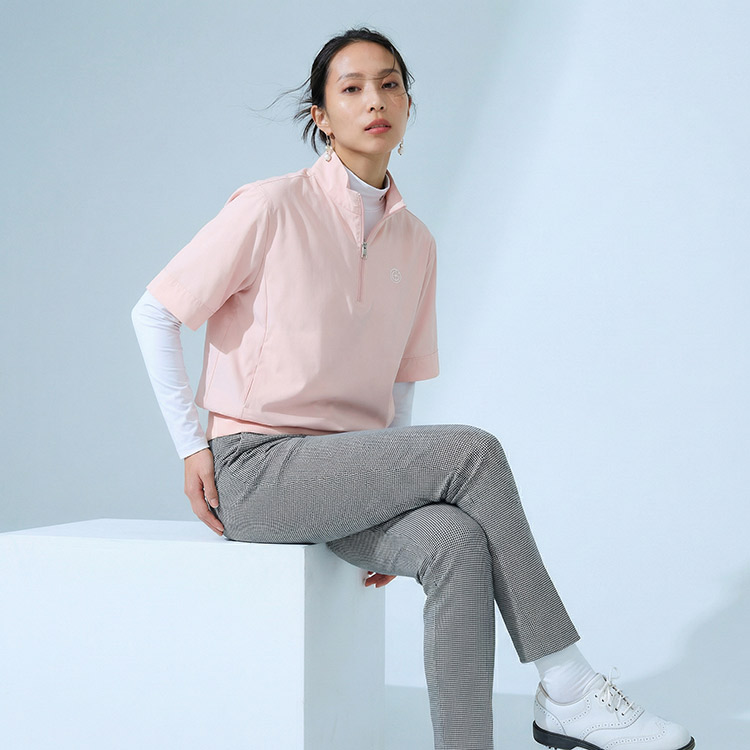 【新作/送料無料】ゴルフウェア レディース ウィンドブレーカー 5分袖 ハーフジップ ハイネック 【S〜3Lサイズ展開】 アウター プルオーバー 防風 伸縮 ナイロン ストレッチ 裾リブ 体系カバー スタイルアップ レイヤード キスオンザグリーン 大きいサイズ 小さいサイズ