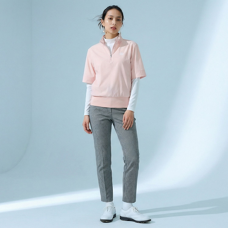 【新作/送料無料】ゴルフウェア レディース ウィンドブレーカー 5分袖 ハーフジップ ハイネック 【S〜3Lサイズ展開】 アウター プルオーバー 防風 伸縮 ナイロン ストレッチ 裾リブ 体系カバー スタイルアップ レイヤード キスオンザグリーン 大きいサイズ 小さいサイズ